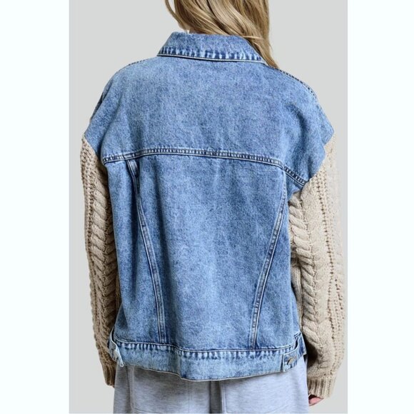 STYLENANDA Women's Denim Jean Jacket with Knit Sleeves Size F (Free), Fits S/M/L - Picture 2 of 10